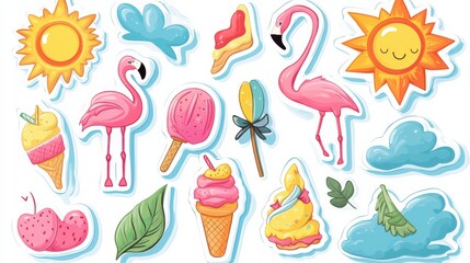 Colorful Summer Stickers Featuring Sun, Ice Cream and Flamingos
