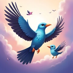 Obraz premium Flying Bird with Adorable Baby Bird in the Sky