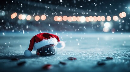 A charming winter image of a hockey puck in a Santa hat, surrounded by icy textures and glowing stadium lights in the distance