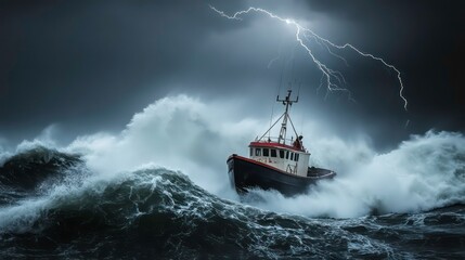Naklejka premium Small fishing boat braving a violent storm at sea with lightning striking in the background.