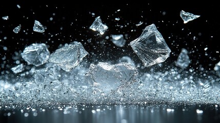 Shattered Ice Fragments Falling Against Black Background