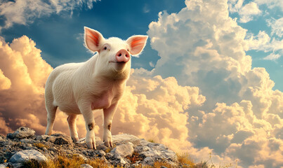 Picture of cute pig, pork, processed food, photograph or illustrator for advertising