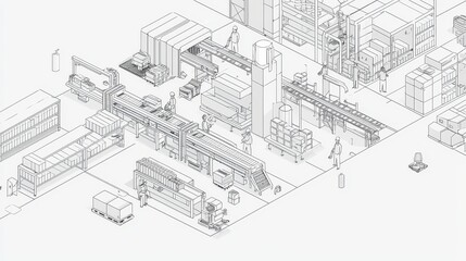 imagine prompt: Simplified factory blueprint, featuring a minimalist arrangement of conveyor belts, machines, and workers in an orderly process flow, with a focus on 