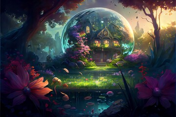 Naklejka premium Enchanting house nestled within a giant glass sphere, surrounded by vibrant flowers and lush greenery in a mystical forest.