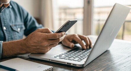 Man working on laptop and using mobile, work from home