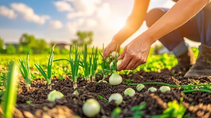 farmer harvesting green onions from the soil, with the sun shining on the field and soft shadows on the plants, ideal for promoting fresh, organic farming methods. [Flowers]:[Economic plants] 