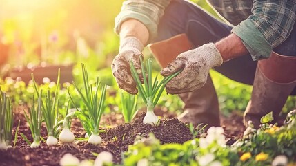 farmer harvesting green onions from the soil, with the sun shining on the field and soft shadows on the plants, ideal for promoting fresh, organic farming methods. [Flowers]:[Economic plants] 