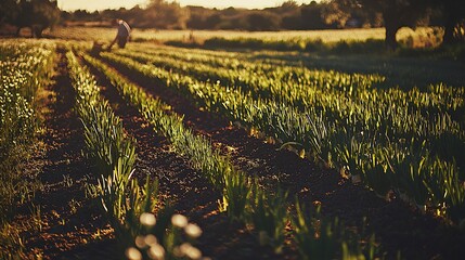 farmer harvesting green onions from the soil, with the sun shining on the field and soft shadows on the plants, ideal for promoting fresh, organic farming methods. [Flowers]:[Economic plants] 
