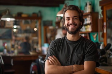 Obraz premium Smiling Barber, Arms Crossed, in Vintage Barbershop Portrait of a Confident Professional