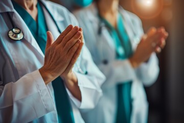 Doctors With Stethoscopes Clasped In Prayer. Medical Professionals United In Hope And Support