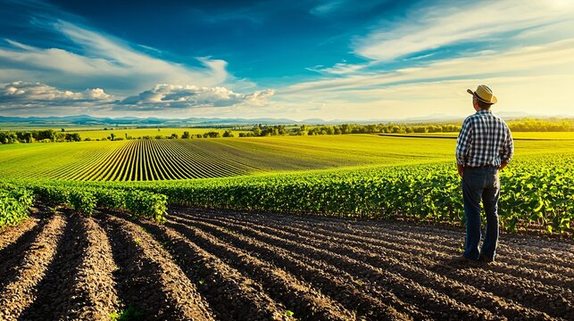 farmer standing in a lush field of soybeans, looking out over rows of crops, symbolizing large-scale agricultural operations and the economic value of plant production. [Flowers]:[Economic plants] 