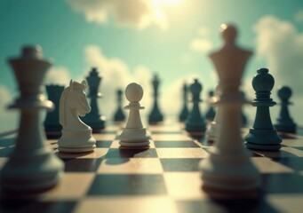 Chess pieces arranged on a board during a strategic game in natural light