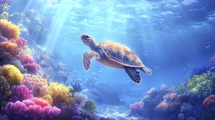 Fototapeta premium sea turtle swimming gracefully in vibrant coral reef underwater