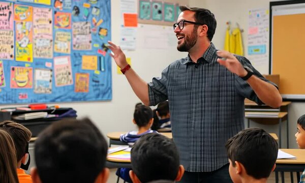 A teacher engaging with students in a classroom setting.