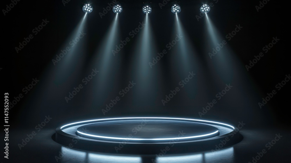 Poster Circular stage with five spotlights, illuminated in dark studio.