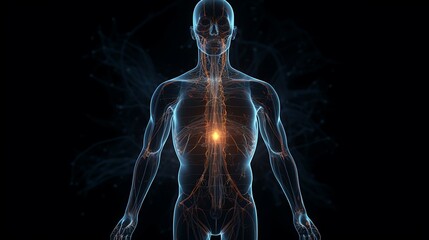 3D rendering of human anatomy with glowing energy core.
