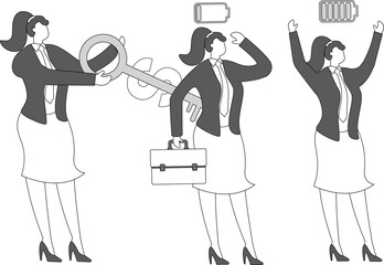 Giving employees a raise or a paycheck, the power of money, the motivation and inspiration of money, the manager's hand turning the money clockwork on a tired businesswoman to revitalize the businessw