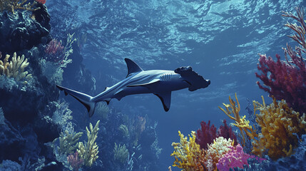 Obraz premium hammerhead shark swimming gracefully over vibrant coral reef