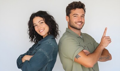 Fototapeta premium Smiling couple standing close to each other, back to back, pointing in opposite directions with index fingers outstretched, Generative AI 