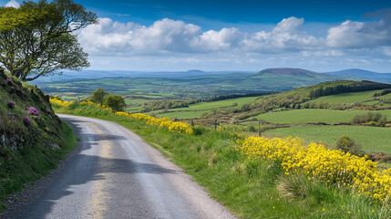 Beautiful winding road through green hills and yellow flowers in Ireland. 