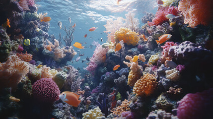 Fototapeta premium vibrant underwater scene showcasing bustling coral reef teeming with colorful fish