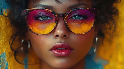Obraz premium Woman's face, colorful glasses, striking makeup.