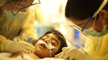 Pediatric hospital ward featuring dedicated medical professionals in protective gear, emphasizing compassionate care and safety in healthcare environments.