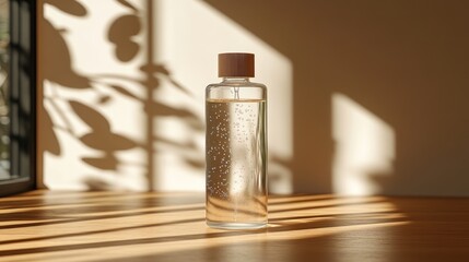 A clear water bottle with a wooden cap, illuminated by natural light and shadows.