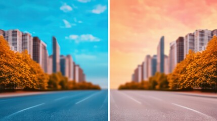 Obraz premium Before and After Concept, Transitioning Urban Landscape from Blue to Orange in a Blurred Photograph Capturing Vibrant City Life