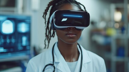Doctor using virtual reality headset in a high-tech medical setting, innovation in healthcare, futuristic technology