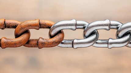 Before and After Concept, Transitioning from Dull and Rusty to Shiny and Polished Chain Link with Smooth Texture and Detail