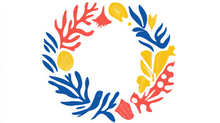 A minimalist wreath design in cut-out style with a whimsical mix of bright coral, cobalt blue, and sunny yellow shapes