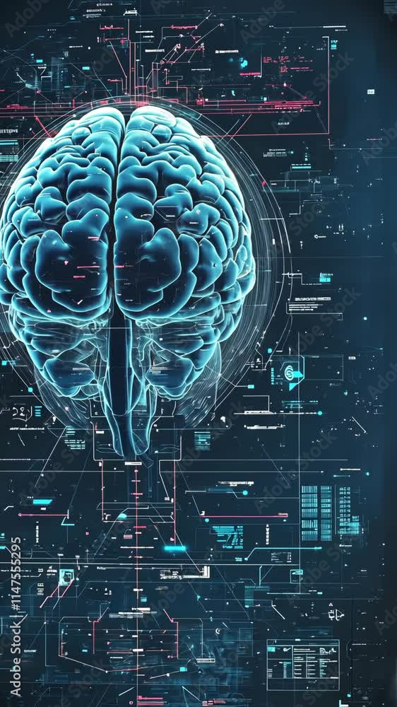 Aufkleber digital representation of a human brain with complex data visualizations in a futuristic environment