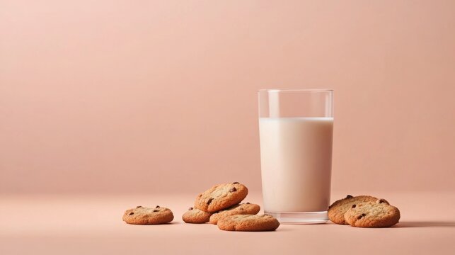 Glass of milk surrounded by cookies on a minimalist background