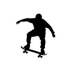 Fototapeta premium Silhouette of Skateboarder Riding Skateboard, Black silhouette of a skateboarder in motion, riding a skateboard with a casual stance, isolated on a white background.