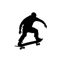 Obraz premium Silhouette of Skateboarder Riding Skateboard, Black silhouette of a skateboarder in motion, riding a skateboard with a casual stance, isolated on a white background.