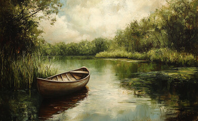 Obraz premium Calm boat on serene water surrounded by lush greenery and soft clouds. 