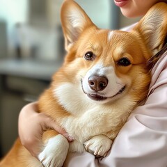 Adorable Corgi Embrace: A heartwarming portrait of a Corgi being held, showcasing the bond between humans and their beloved pets.