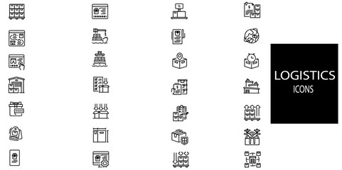 Logistics simple concept 28 icons set. Contains such shipping, delivery truck, cash on delivery, transportation, tracking, warehouse, courier .Vector illustration.