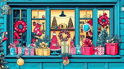 vintage winter wonderland: frosted shop window with nostalgic decorations &ndash; perfect for cozy holiday atmosphere poster in your home or caf&eacute; d&eacute;cor