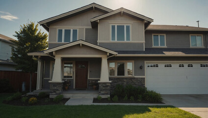 Fototapeta premium Two-story house, gray siding, white trim, large windows, covered porch, double garage door, landscaping visible. Sunny day.