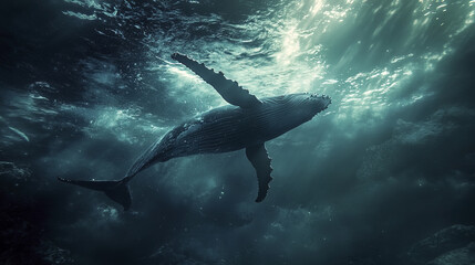 Fototapeta premium Humpback whale gliding gracefully underwater in serene ocean depths