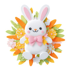 Fototapeta premium A cute bunny figurine with a pink bow, surrounded by colorful flowers and leafy accents.