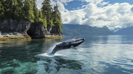 Obraz premium Humpback whale breaching playfully in crystal clear ocean waters