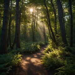 Obraz premium A forest path illuminated by dappled sunlight.