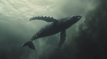 Naklejka premium Humpback whale gliding gracefully underwater in serene environment