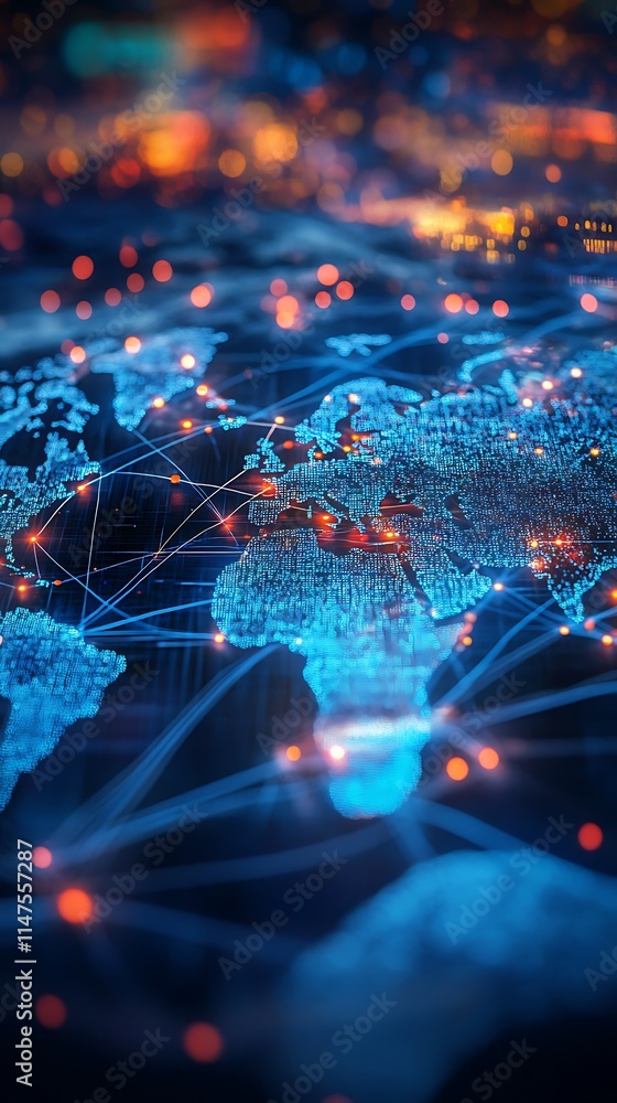 Poster global network connections illuminated digital world map