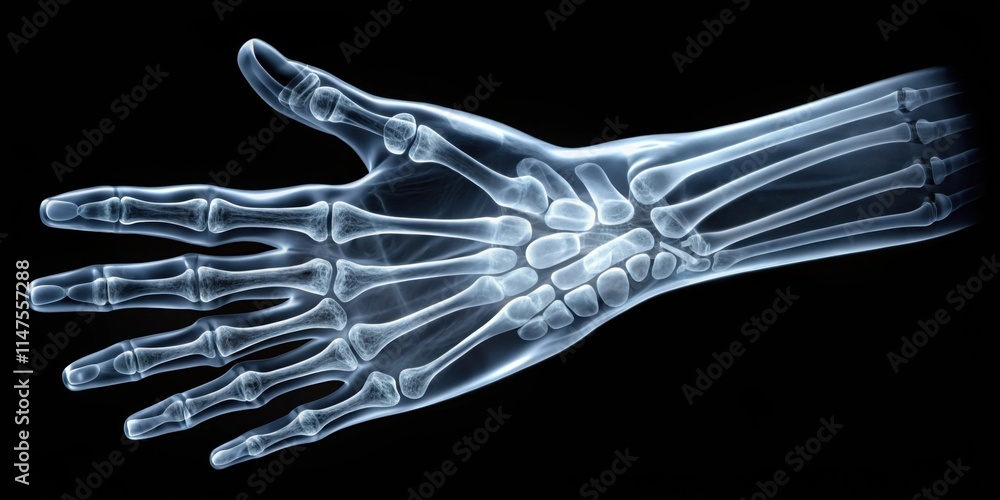 Poster an x-ray image displaying the skeletal structure of a human hand, highlighting the bones and joints 