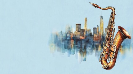 Saxophone against watercolor city skyline.