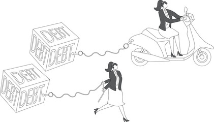 Efficiency in paying off debt, paying off debt quickly or solving debt problems, one businesswoman pulling debt forward easily on a motorized bicycle another struggling to pull debt